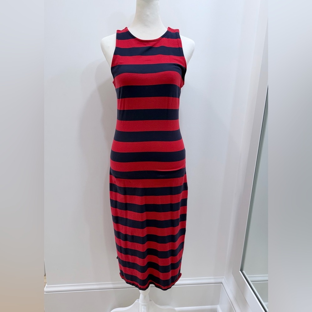 a new day Red and Navy Striped Sleeveless Midi Dress -Classic Summer Knit -XS